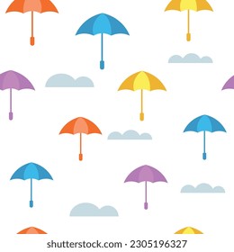 Seamless pattern with colored umbrellas and clouds. Vector flat illustration