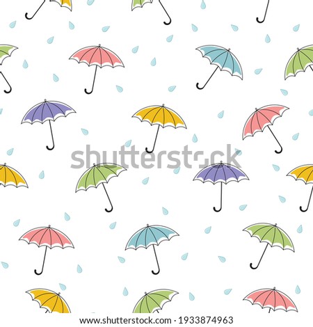 Seamless pattern with colored umbrellas and rain drops. Vector illustration