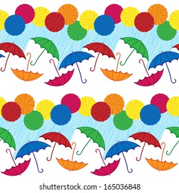 Seamless pattern with colored umbrellas and rainy weather on the white background.