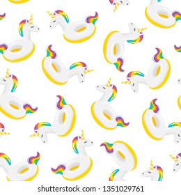 Seamless pattern colored unicorn inflatable. Pool float. Inflatable colorful unicorn. Swimming circle. Realistic summertime illustration. Vector template for your summertime design