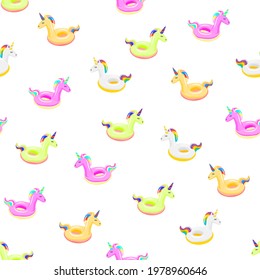 Seamless pattern with colored unicorn inflatable. Pool float. Inflatable colorful unicorn. Swimming circle. Realistic summertime illustration. Vector template for your summertime design