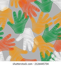 Seamless pattern of colored Vector outline illustration of people hands