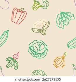 Seamless pattern with colored vegetable outlines on beige