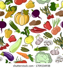 Seamless pattern with colored vegetables.Colored vegetables on a white background in a pattern.