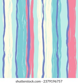 Seamless pattern of colored vertical stripes for summer clothing. Colored pastel stripes are reminiscent of summer and relaxation. Flat vector illustration.