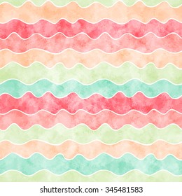 Seamless pattern of colored waves with watercolor texture