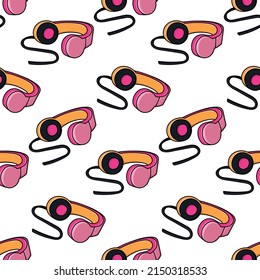 Seamless pattern with colored wired headphones doodle outline vector