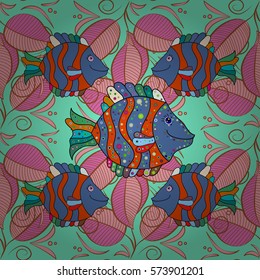 Seamless pattern with colored zentangle doodle fishes. Vintage. Pastel colors fishes on navy blue background. Radial gradient shape.