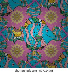 Seamless pattern with colored zentangle doodle fishes. Vintage. Pastel colors fishes on navy blue background. Pink. Dim. Radial gradient shadow.