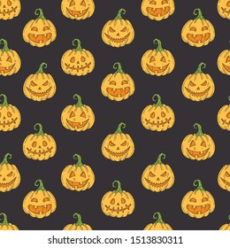 Seamless pattern with coloredHalloween   Pumpkin Jack in sketch style on black. Festive texture for packages, backgrounds, web pages