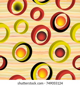 Seamless pattern with colorful 3d rings on horizontal  grunge striped background in pastel colors