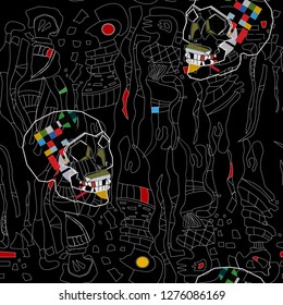 Seamless pattern with colorful abstract  art objects, womam. abstract forms, skull, circles can be used as cool print for clothes, Vector illustration of a style of supermatism. Creative retro poster 