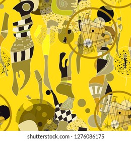 Seamless pattern with colorful abstract  art objects, womam. abstract forms, circles can be used as cool print for clothes,  Vector illustration of a style of supermatism. Creative retro poster 