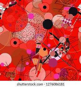 Seamless pattern with colorful abstract  art objects, abstract forms, circles can be used as cool print for clothes,  Vector illustration of a style of supermatism. Creative retro poster 