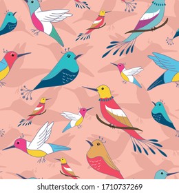 Seamless pattern with colorful abstract birds on pink background with silhouettes