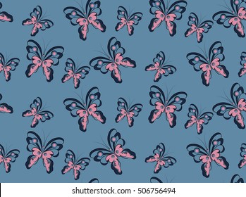 seamless pattern of colorful abstract butterfly on blue background