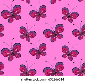 seamless pattern of colorful abstract butterfly on pink background