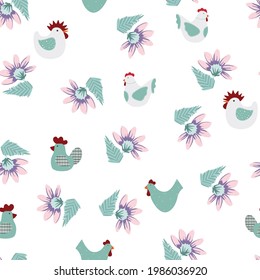 Seamless pattern colorful abstract chiken and pink mint flower with green leaf ,illustration art for any card.