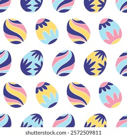 Seamless pattern with colorful abstract Easter eggs. Festive holiday design for Easter celebration concept. Design for wallpaper, textile, poster, and greeting card.