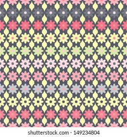 Seamless pattern with colorful abstract flowers on gray strips with circles on yellow background