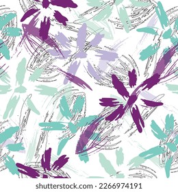 Seamless pattern with colorful pattern of abstract flowers. Colorful bright summer silhouette line drawing .