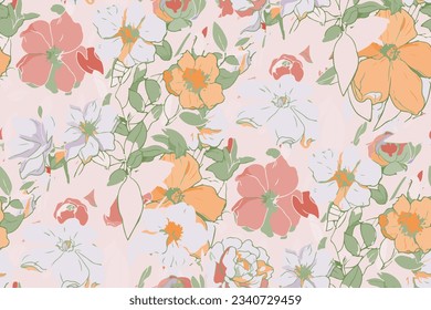 Seamless pattern with colorful pattern of abstract flowers. Hand drawn. Not AI