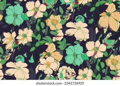 Seamless pattern with colorful pattern of abstract flowers. Hand drawn. Not AI