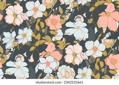 Seamless pattern with colorful pattern of abstract flowers. Hand drawn. Not AI
