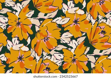 Seamless pattern with colorful pattern of abstract flowers. Hand drawn. Not AI