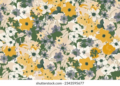 Seamless pattern with colorful pattern of abstract flowers. Hand drawn. Not AI