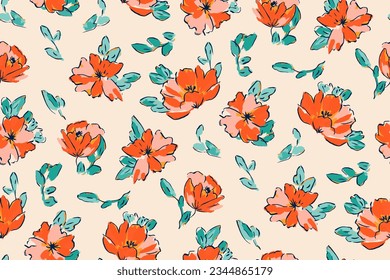 Seamless pattern with colorful pattern of abstract flowers. Hand drawn. Not AI
