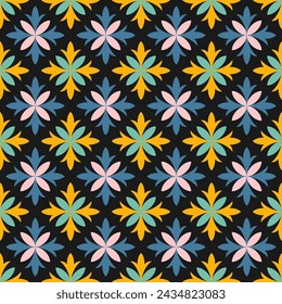 Seamless pattern with colorful abstract flowers and black background