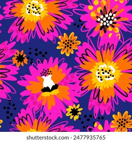 Seamless pattern with colorful abstract flowers print on viiolet background.  Creative texture for fabric, wrapping, textile, wallpaper. Bright color Vector illustration in modern style