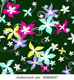 seamless pattern with colorful abstract flowers on dark green background, vector illustration