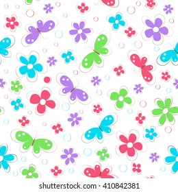 seamless pattern with colorful abstract flowers,  butterfly and spots   on white background , vector illustration