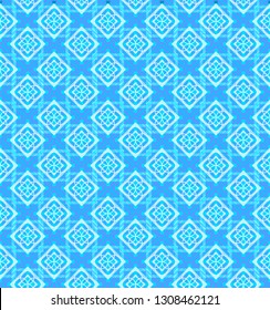 Seamless pattern of colorful abstract geometric shapes with decorative ornament on a blue background
