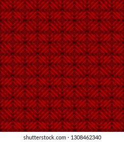 Seamless pattern of colorful abstract geometric shapes with decorative ornament on a red background