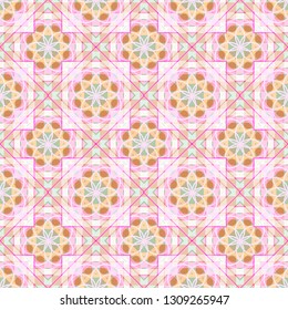 Seamless pattern of colorful abstract geometric shapes with decorative ornament on a white background
