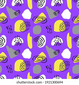 Seamless pattern with colorful abstract geometric shapes. Trendy mid century minimal texture. Simple abstraction wallpaper print. On violet background.