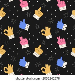 Seamless pattern of colorful abstract hands in different gestures emotions and signs. Modern vector illustration in trendy colors. Interactive communication, forefinger sign