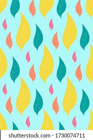 Seamless pattern of colorful abstract leaves on blue background. Template of fabric textile, print for clothes, bag, t-shirt, wrapping, wallpaper. Backdrop for cover, box, package. Vector illustration