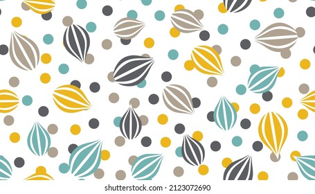 Seamless pattern with colorful abstract leaves and circles. Endless backdrop with pastel colors objects.