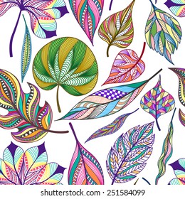 Seamless pattern with colorful abstract leaves. Vector illustration.