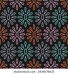 Seamless pattern with colorful abstract outline flowers