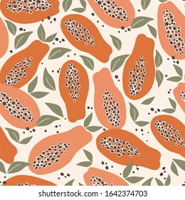 Seamless pattern with colorful abstract papaya, leaves, dots. Bright endless background for print or textile.