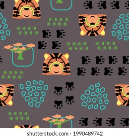 Seamless pattern, colorful   abstract  safari and cute tiger. Cartoon animal face with ornament, vector illustration isolated. Design for wallpaper, paper, children's textiles, and more.
