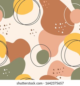 Seamless pattern with colorful abstract shapes, lines and objects. Bright endless background for print or textile.