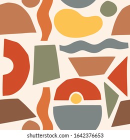 Seamless pattern with colorful abstract shapes, lines and objects. Bright endless background for print or textile.