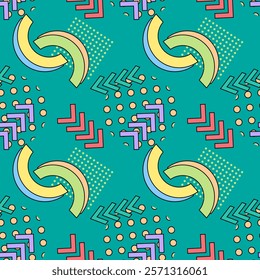 Seamless pattern with colorful abstract shapes, including arcs, arrows, circles, dots, and squares on a teal background.