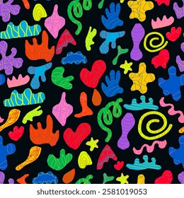 Seamless pattern with colorful abstract shapes in retro style. Hand drawn figures. Flat vector illustration.